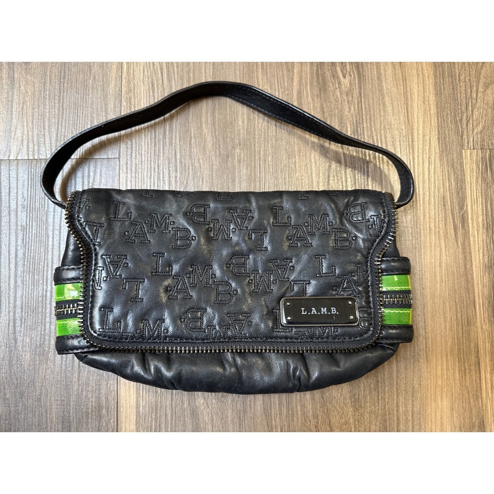 VTG Y2K L.A.M.B. Embroidered Leather Shoulder Bag Black Zipper Green Grunge